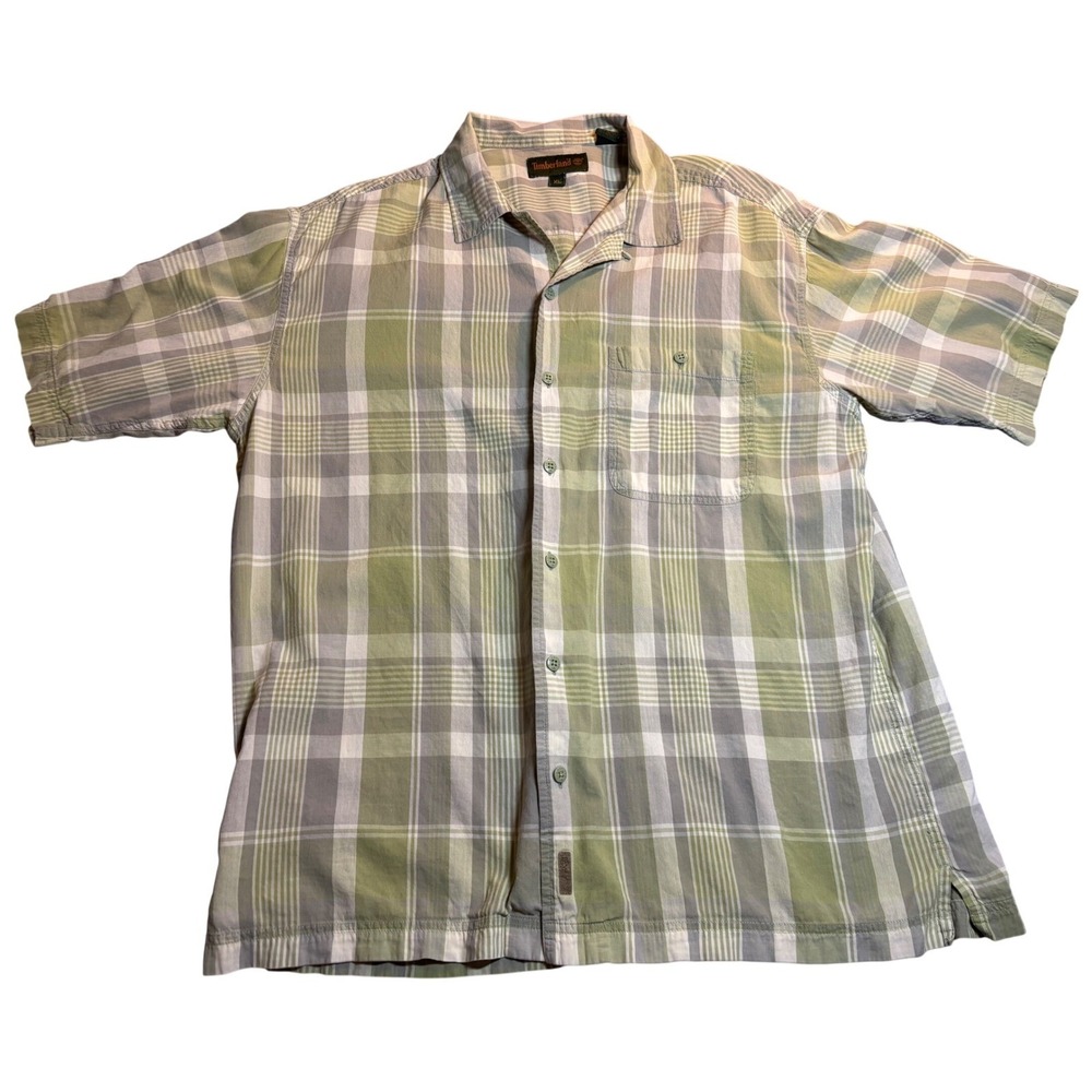 Timberland Button Down Shirt Men's XL Green Plaid Cotton Short Sleeve Excellent